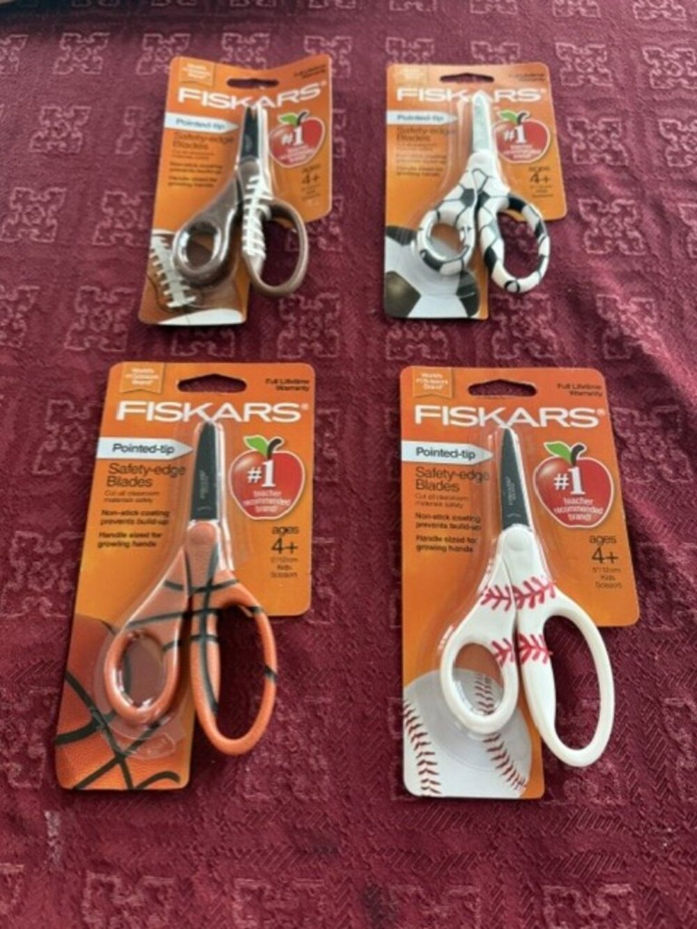 Lot of 4 Sports Theme Fiskars Kids Scissors Pointed tip safety edge ages 4 plus